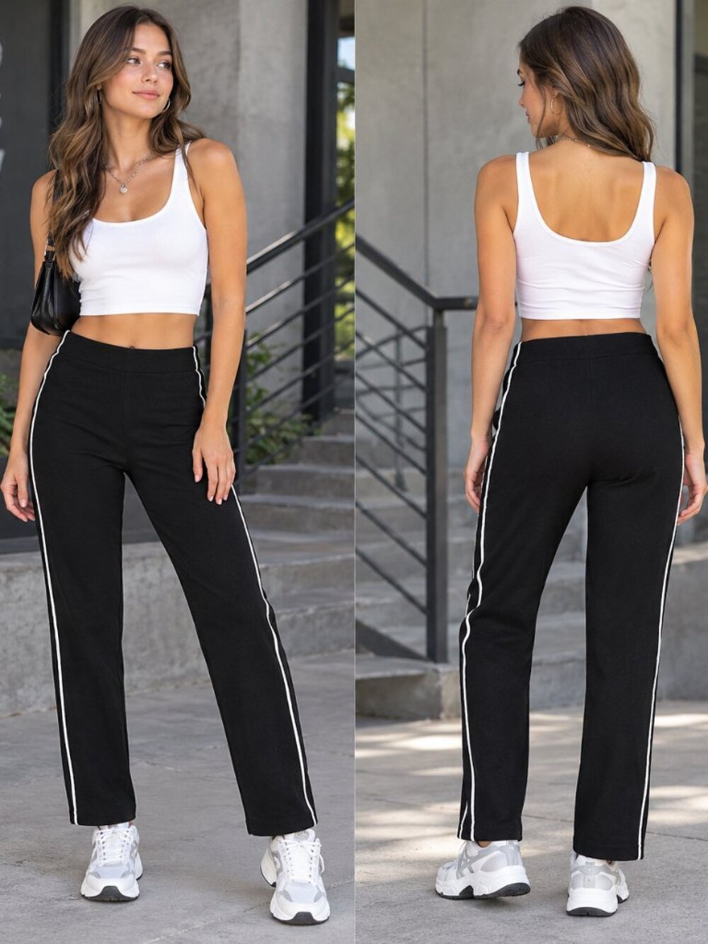 Spanx Pants Stretch Women's Size Large Black with White Piping down side Ankle